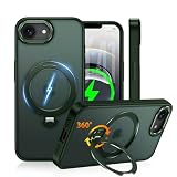 Fadkzyxr iPhone 17e / iPhone 16e 用 ケース「MagSafe対応・最新型360°定点回転スタンド」ワイヤレス充電 縦横両対応 リング付き 半透明 マット感 黄ばみ防止 あいふおん 17e / あいふおん 16e 用 スマホケース レンズ保護 耐衝撃 マグネット搭載 マグセーフ機能 アイフォン17e / アイフォン16e 携帯カバー【グリーン】