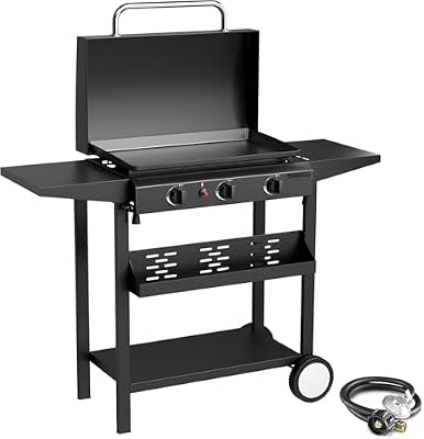 ADREAK 3 Burner BBQ Gas Griddle with Hood, 25.6 Inch Stainless Steel Portable Detachable Propane Griddle, 45,000 BTU Flat Top Barbecue Grill with Side Shelves for Camping