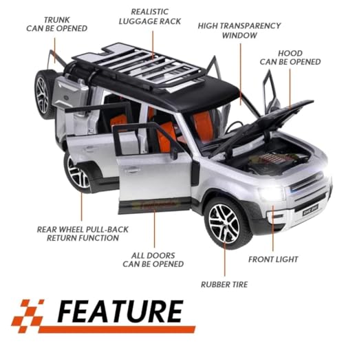 Image of Invite1:24 Defender Model Car Zinc Alloy Pull Back Toy Diecast Toy Cars with Openable Doors, Sound and Light for Kids Boy Girl Gift (Land Rover Defender - Silver Color)