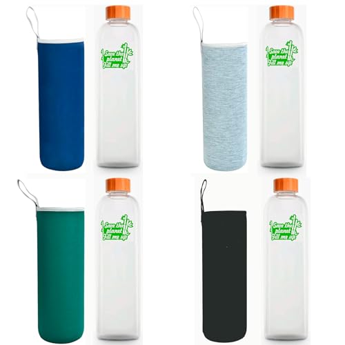 Botella de Agua Cristal con Tapón de Bambú Botella Vidrio Borosilicato Ecológica Reciclable Reutilizable Libre de Tóxicos sin BPA (4 x Botella con lema + Funda colores, 1500 ml)