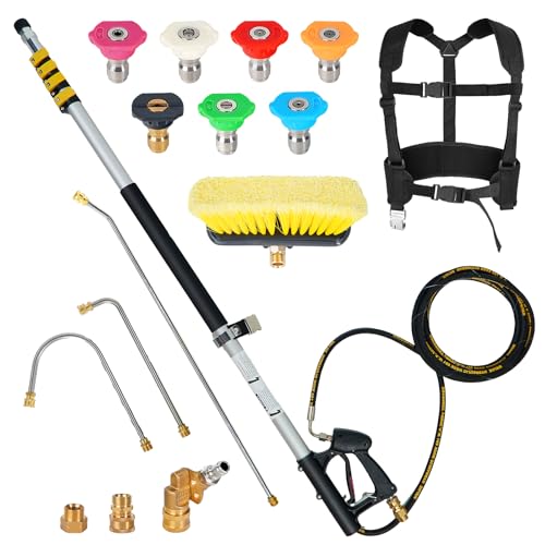 22FT Pressure Washer Extension Wand, Brush Head, Max 4000 PSI, Metal Buckle Support Belt, 2 Power Washer Extension Wands and Gutter Cleaner, Pivoting Coupler, 7 Spray Nozzle Tips