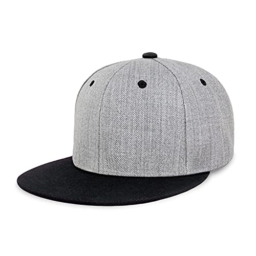 CHOK.LIDS Two Tone Snapback Heather Grey Flat Bill Visor Wool Blend Classic Plain Hats for Men Women Adjustable Baseball Cap (Black, 1)