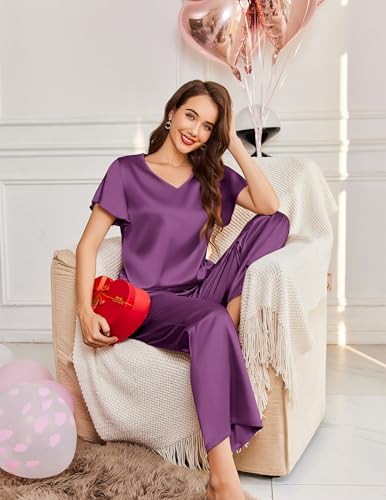 Ekouaer Women's Satin Silky Pajama Set 2 Piece Short Sleeve Shirt with Long Pants Pjs Sets Soft PJ Loungewear S-XXL2