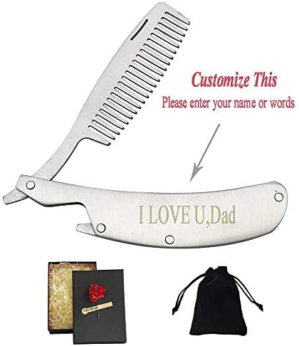LWBTOSEE Custom Engraved Stainless Steel Personalized Gift Customized Beard Comb Men's Hair, Beard and Mustache Styling Comb with Carry Case Folding Pocket Mental Comb