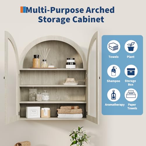GarveeHome Small Arched Wall Cabinet with Acrylic Doors & Adjustable Shelves, Modern Natural Wood Wall-Mounted Storage Cabinet for Kitchen, Bathroom, Laundry Room, Compact & Space-Saving- Gray