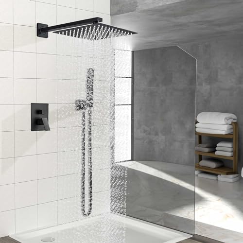 Elefloom Shower Faucet Set, 10 Inch Matte Black Wall Mounted Shower System with Rain Shower Head and Handheld Spray Combo, High Pressure Showerhead Set Includes 60" Hose by Elefloom - Image 2