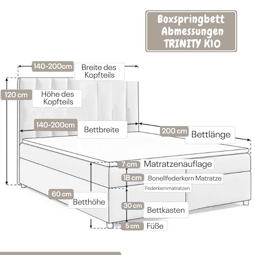 Best For Home Trinity K10 Boxspringbett mit 7-Zonen Bonell-Federkernmatratze | Boxspringbett 140x200 | Boxsprintbett mit Matratze Und Stauraum | Polsterbett 140x200 - Lieferung bis Bordsteinkante – Bild 5