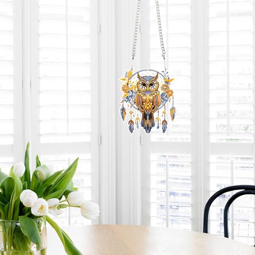 Image of AiYuanzsh DIY Diamond Art Painting Hanging Pendant Kit Dreamspreader Owl Special Shaped Diamond Art Acrylic Ornaments for Adults Home Wall Window Decor Gift