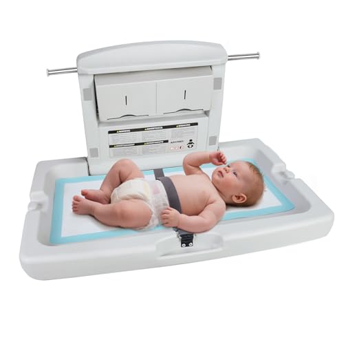 Baby Changing Station Wall-Mounted, Foldable Diaper Changing Table with Safety Straps for Commercial Bathroom, in Elegant Grayish White