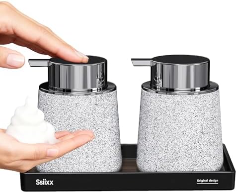 White Marble Foaming Hand Soap Dispenser Set with Tray 10.5 oz Minimalist Style for Bathroom & Kitchen Countertop Refillable Foam Soap Dispensers with Silver Color Pumps