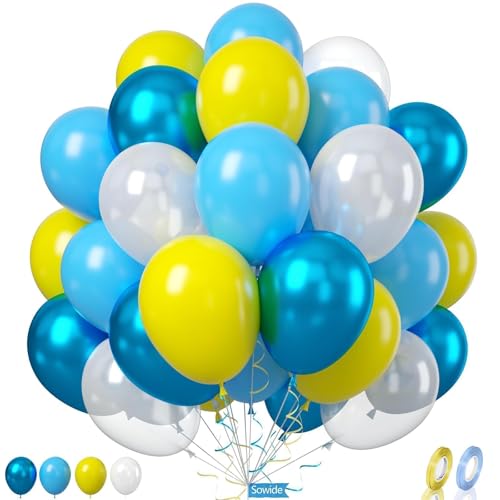Image of Yellow Blue Clear Balloon, 60 Pcs 12 Inches Metallic Blue Balloons for Underwater Theme Party Decorations Birthday Balloons Baby Shower Engagement Party Supplies