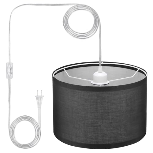 PATIKIL Plug in Pendant Light 15Ft Rope Cord Hanging Lamp Fixture with ON/Off Switch Fabric Shade E26/E27 Bulb Socket for Bedroom Kitchen Living Room Black