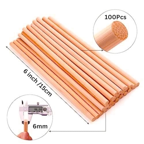 Image of BLOOMAX 6mm x 6 Inch Wooden Dowel Rods - 100 Pcs | Unfinished Natural Hardwood Round Craft Sticks | Smooth Small Wood Rods for DIY Arts, Crafts, Models & School Projects | Made in India