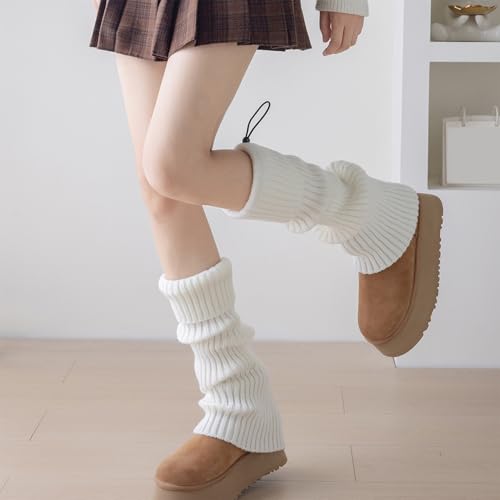 Women Winter Fall Vintage Ribbed Knit Turn Cuff Leg Warmers Preppy Solid Color Drawstring Leg Covers Stretch Boot Socks4