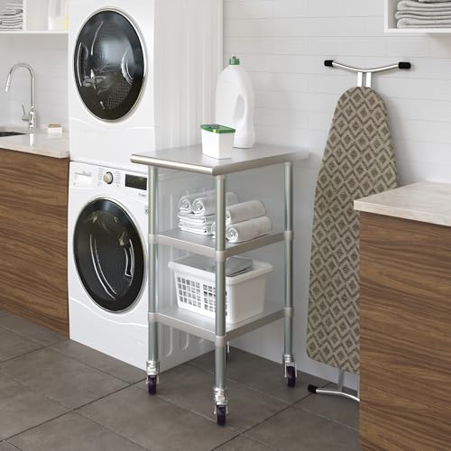 Image of AmGood Stainless Steel Work Table with 2 Shelves and Casters | Metal Utility Table On Wheels (Stainless Steel Work Table with 2 Shelves + Casters, 18 inch Long x 24 inch Deep)