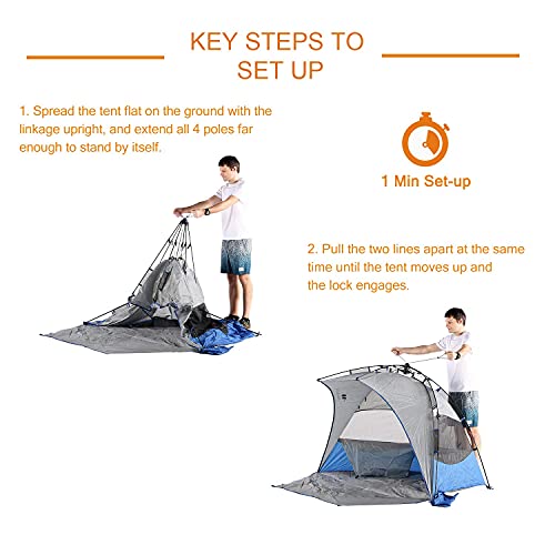 Mobihome Beach Tent Sun Shelter Pop Up, Sand & Surf Beach Shade Tents Umbrella & Portable Canopy Easy Setup For 2-3 Person Outdoor Camping Fishing - With Extended Porch #TOP3