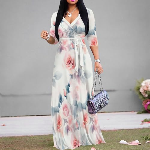 Image of PinkPatty Women's Plus Size Maxi Dress Casual 3 /4 Sleeve Dress with Belt | Soft stretch feel, printed style, flowy A-line fit, v neck, waist tie, side pockets, for vacation, party and daily wear