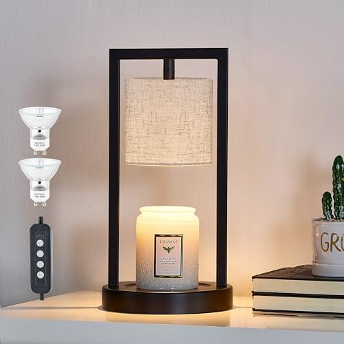 Candle Warmer Lamp with Timer, Black Candle Lamps Linen Fabric Shade, 3-Level Dimmable Candle Warming Wax Melt Warmer for Scented Wax, 50W Electric Warmer Lamp for Women Home Decor (2 Bulbs Included)