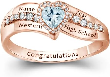 Personalized Graduation Rings for Women 925 Silver/10K/14K/18K Gold Customizable Heart Birthstone Engraved College Academy Class Ring for 2025 Graduates