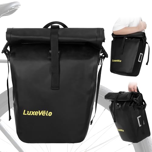 Luxevelo Panniers Bike Bags Lightweight– 27l Expandable Weather-Resistant Storage, 550d Durable Pvc With Reflective Safety Strips, Multi-Functional Rack/Shoulder Bag For Commuting/Travel/Cycling