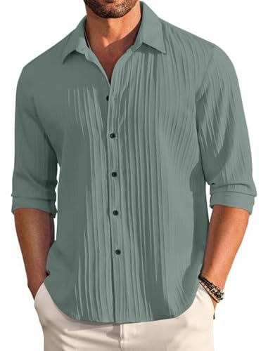 Image of FINIVO FASHION Men's Casual Cotton Plain Button Down Shirt Long Sleeve Textured Summer Beach Shirt for Men