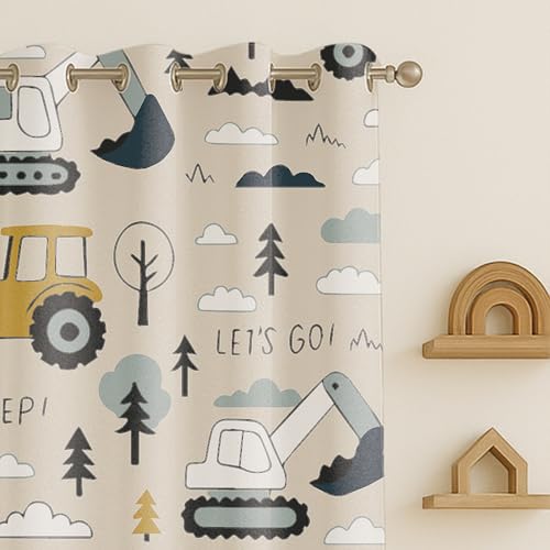 Image of STITCHNEST Velvet Kids Curtains Pack of 2 | Digger & Truck Print | Semi Blackout Curtains for Nursery, Playroom & Toddler Bedroom | 5 Feet