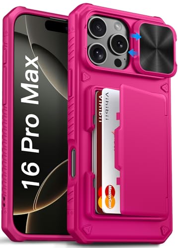 Image of Vihibii PC,Silicone For iPhone 16 Pro Max Case Wallet With Card Holder(4 Cards)[RFID Blocking] & Slide Camera Cover & Raised Edges Protect Screen,Shockproof Rugged 6.9 inch 2024,Pink