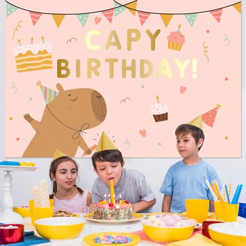 Fondo de cumpleaños Capybara rosa 7x5ft para decoración miniatura 4