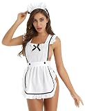 LiiYii Femme Lingerie Sexy Uniforme Transparent Cosplay Soubrette Robe Déguisement Femme de Ménage Mignonne Combinaison String Jupe Courte Bandeau Bandes au Dos Bodysuit Blanc Taille Unique