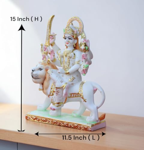 Image of Culture Marble Durga Maa Sitting On Lion Idol 15 Inch (White) (29.2L x 10.2W x 38.1H Centimeters)