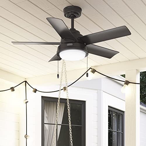 Image of Hunter 44 inch Outdoor or Indoor Ceiling Fan with LED Light and Pull Chain - Bronze Ceiling Fan, Standard Mount, 5 Blades, For Patio, Porch, Garage, or Living Room - Seawall 51441, Noble Bronze