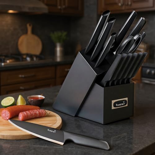 Image of KUISINE Upgraded Chef Knife Set One Piece Molding High Carbon Stainless Steel,Super Sharp Blade Ergonomic Steel Handle,Knife Block Set with Built-in Sharpener(EX Black Pro,15PCS)