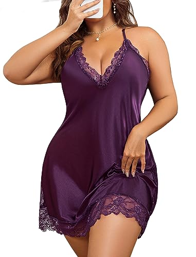 Avidlove Women Lingerie Satin Lace Chemise V Neck Nightgown Sexy Full Slips Sleepwear Purple Large
