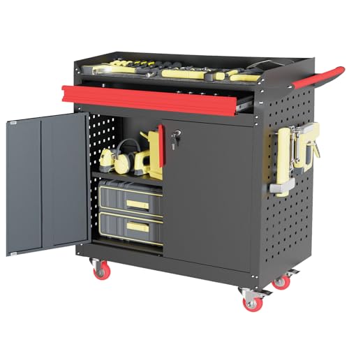 Kelueo Metal Garage Storage Cabinet with Wheels,Lockable Storage Cabinets with Adjustable Shelf,Steel Tool Locker with Pegboard and Handle for Garage,Warehouse