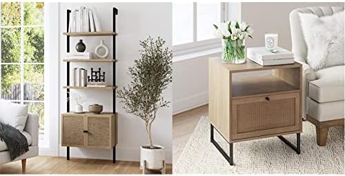 Nathan James Theo Ladder Open Bookshelf, Light Oak/Black & Mina Rattan Side, End or Accent Table in a Natural Oak Wood Finish & Matte Black Accents, Oak/Black