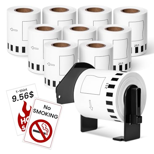MarkDomain 10 Rolls DK-2251 Continuous Length Black/Red Label on White Paper Tape Compatible Brother DK2251 Replacement Label Roll 2.4” x 50 feet with 1 Frame for QL-800, QL-810W, QL-820NWB Printers