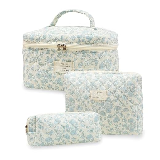 Aucuu 3PC Bolsa De Maquillaje De Algodón Floral - Grande Bolsa Cosméticos Acolchada para Viaje y Almacenamiento