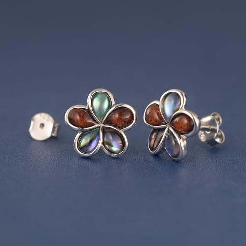 Aloha Jewelry Company 925 Sterling Silver Koa Wood and Abalone Shell Hawaiian Mauka to Makai Plumeria Flower Stud Post Earrings, Nickel Free Hypoallergenic for Sensitive Skin, Gift Box Included2