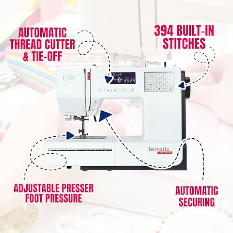 Bernette B38 Computerized Sewing Machine with LCD Display | 394 Stitch Patterns, Auto Needle Threader, LED Light | Includes Stylish Polka Dot Carrying Bag