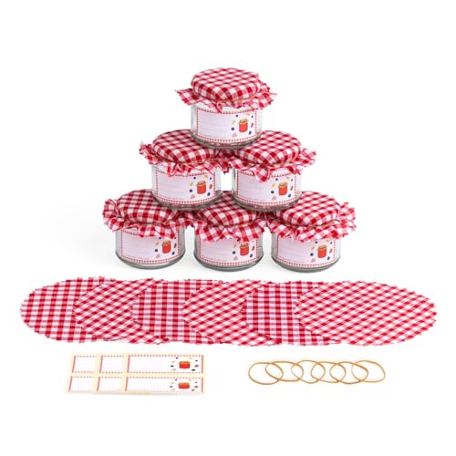 6 pack of Glass Jam Jars with Lids and Doilies, Lables and Rubber bands | 200ml Jars | Airtight for Jams, Preserves, Confits & more | Set of 6 jars | Red Gingham Doilies plus rubber bands plus lables
