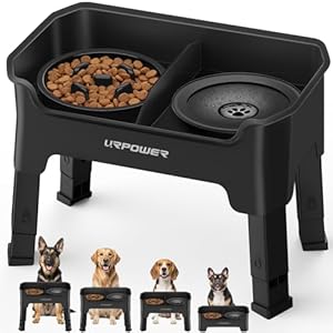 URPOWER Mess Proof Elevated Dog Bowls 4 Height Adjustable Raised Stand with No Spill Water Bowl and Slow Feeder Dog Bowls Non-Slip Food and Water Bowl Set for Small, Medium & Large Dogs