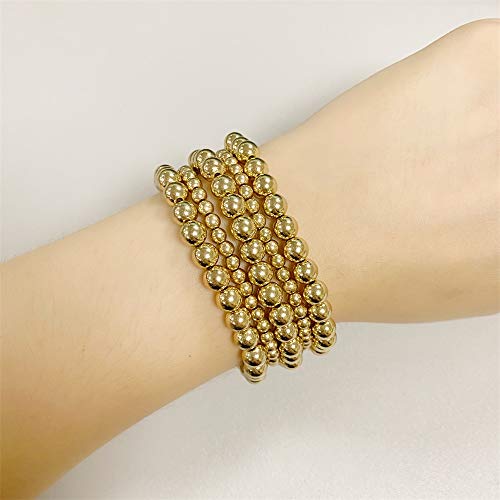 5 Pcs Beaded Stackable Bracelets Set Brass Bead Ball Chain Elastic Bracelets Gold/Silver Stretch Bracelets Stretchable Bangles Friendship Couple Simple Delecate Jewelry for Women Men4