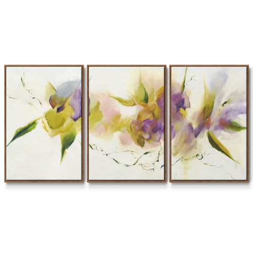Renditions Gallery Floral Wall Art Yellow Purple Garland Painting Modern Abstract Artwork Canvas Prints Wall Decoration for Living Room and Bedroom-Walnut Floater Frame-26”x40”x3 Panels, LS015