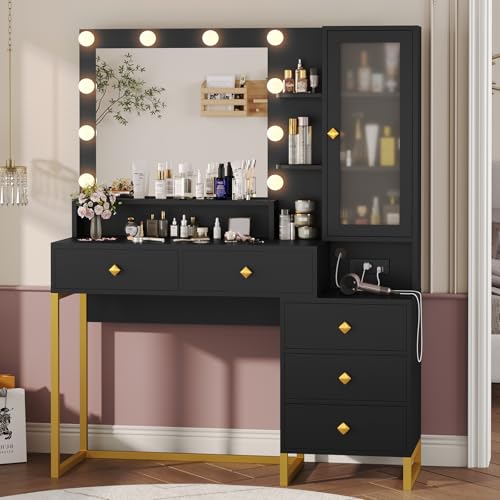 Tiptiper Large Makeup Vanity with Lights and Charging Station, Vanity Desk with Mirror and Lights, Vanity Table with Nightstand, Makeup Table with 5 Drawers & Storage Shelves, Black and Gold - Thumbnail 5
