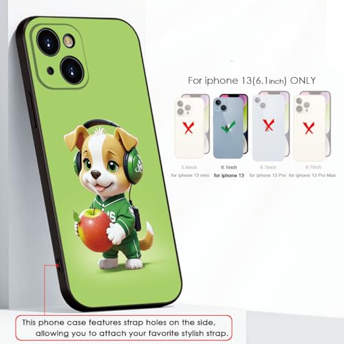 Charming Cartoon Dog for iPhone 13 Case - Playful Pup in Green Headphones & Sporty Outfit Holding Apple | Trendy Slim Protection for Girls & Women & Teens (B1-Cartoon Cute Dog)