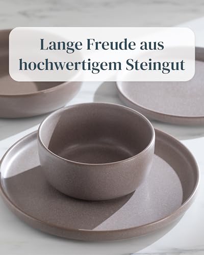 Steingut Geschirrset 6 Pers. 24-tlg Hochwertiges Urban Style TEST SEHR GUT Steingut Geschirr Set - Schüssel- und Teller Set - Tafelservice 6 Personen Geschirrsets Pure Living in matt Grau-braun