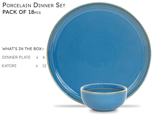 Image of Bodhi House Handcrafted Chip Resistant Porcelain Dinner Set, 18 Pieces Dish Set Serving for 6, Microwave and Dishwasher Safe, Bone-ash Free, Crockery Set for Dining and Gifting, Mid Blue