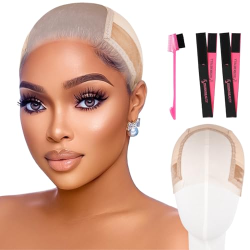 Isshin Beauty Lace Wig Grip Cap for Women - Small Size Non-slip Glueless Wig Gripper with Ear-Cutouts 4x5 Transparent Swiss Lace Adjustable Velcro Headband (Light Brown)