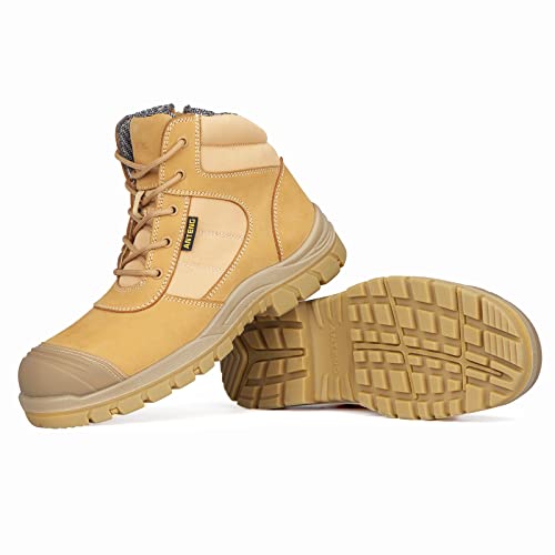 Anteng Men's Work Boots, Nubuck Leather Steel Toes Safety Footwear, Non Slip Ykk Side Zipper Protective Shoes, 6 Inch, Anti-Static, Anti-Puncturing, Anti-Fatigue (At501, Wheat,8) #TOP1