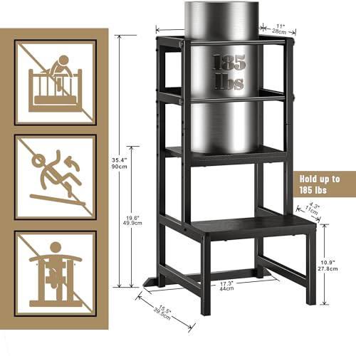 Image of INNOD Kitchen Step Stool for Toddlers, Height Adjustable Toddler Tower with Safety Rail, Steel and Wood Toddler Kitchen Stool Helper Kids, Stool for Kids, Learning Tower, Kids' Desk Black